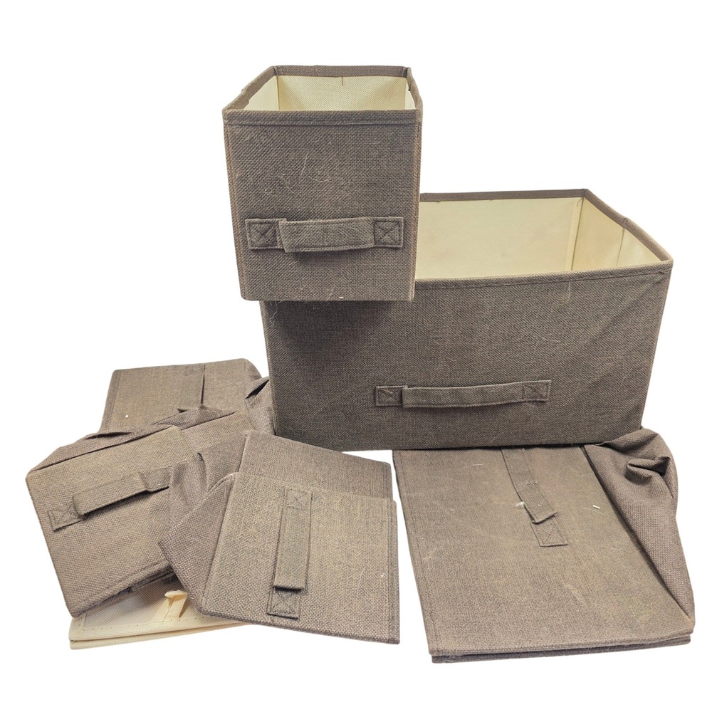 Brown Fabric Collapsible Storage Bins set of 6 Woven Closet Organizers T3